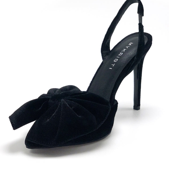 NIB WOMEN'S BLACK VELVET BOW SLINGBACK HIGH HEELS - Picture 3 of 10